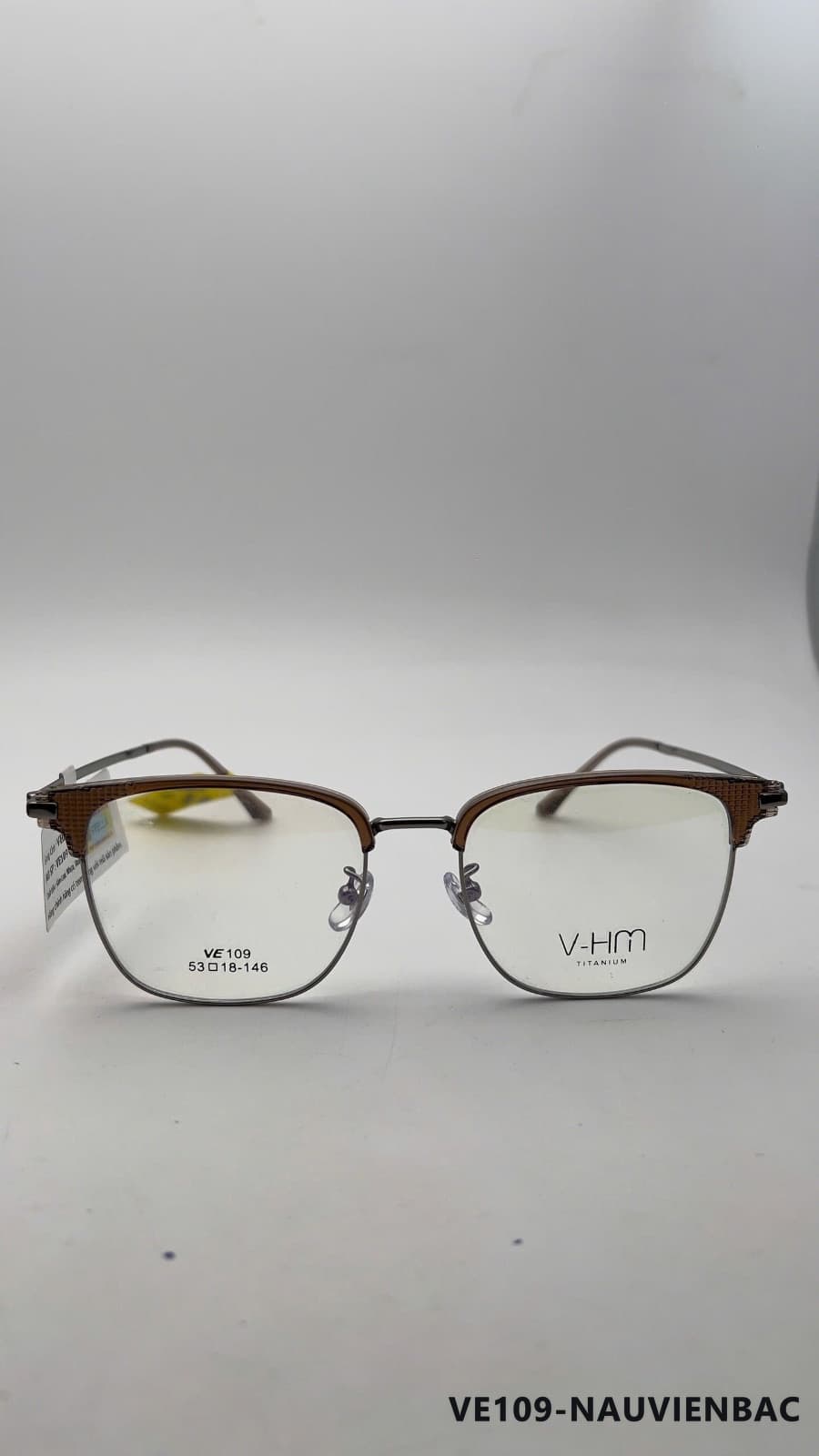 Gọng Chữ nhật Kim loại phối nhựa Nâu Viền Bạc (VE109-NAUVIENBAC)