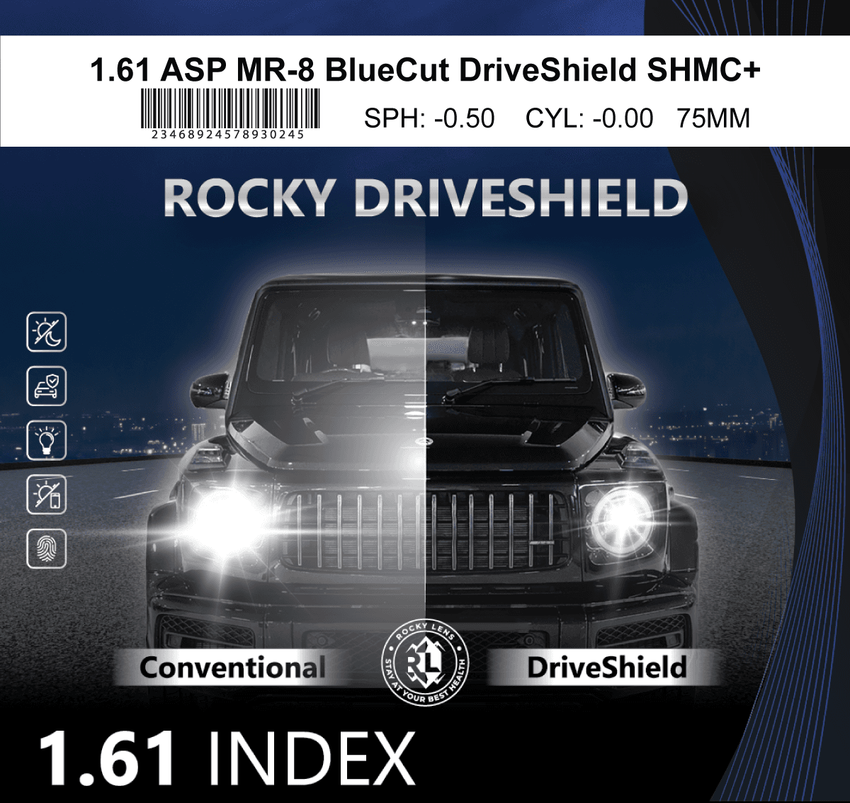 TRÒNG KÍNH ROCKY DRIVESHIELD 1.61ASP RUBY SHMC