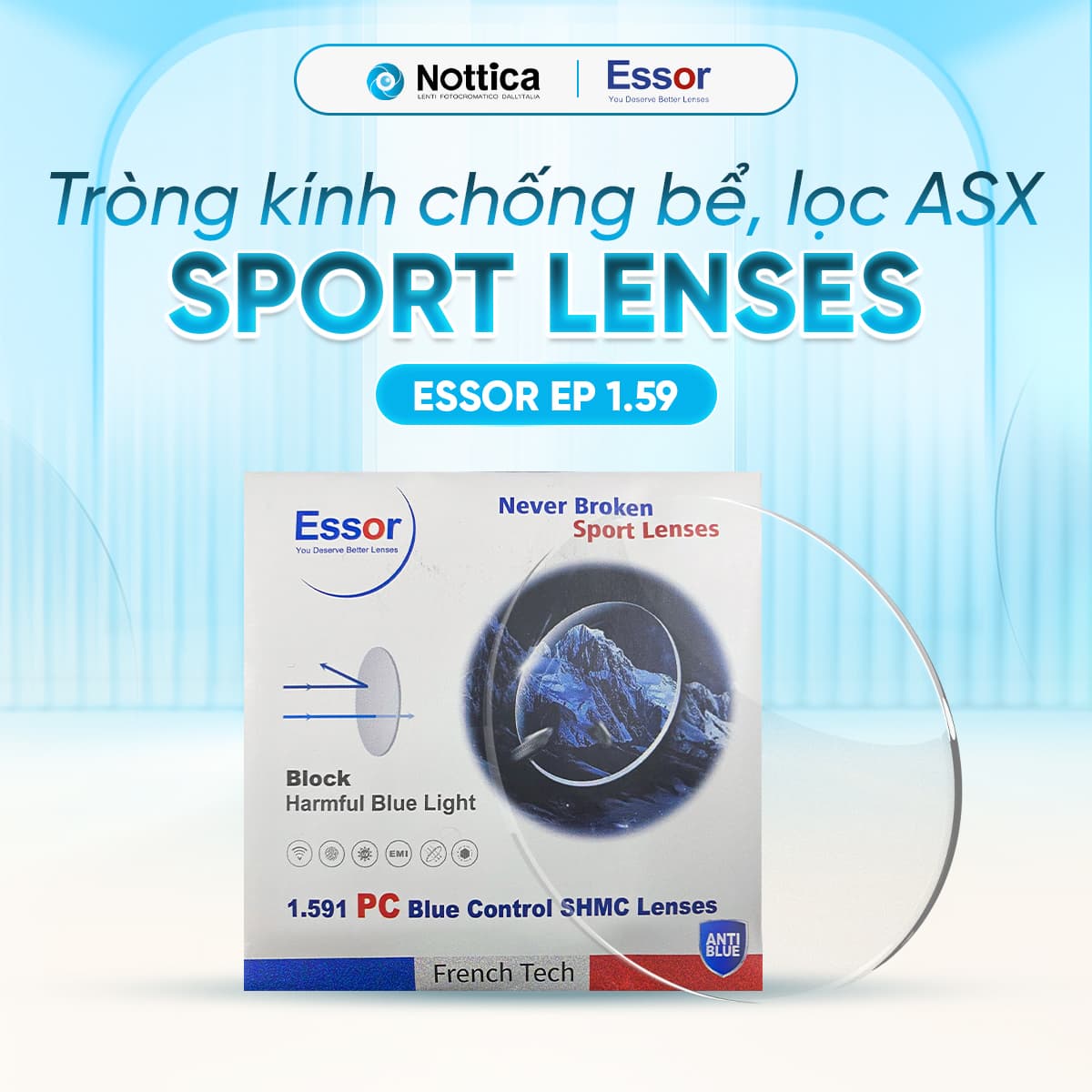 Tròng kính NOTICA Essor EP Polycarbonate Series - Chống bể, chống ánh sáng xanh, đổi màu khói / 1.59 Polycarbonate (Độ: +6.00 ~ -6.00, Loạn: 0.00 ~ -2