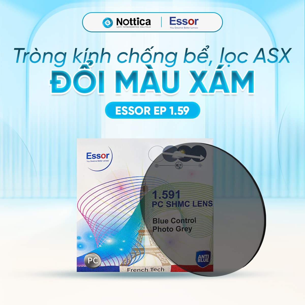 Tròng kính NOTICA Essor EP Polycarbonate Series - Chống bể, chống ánh sáng xanh, đổi màu khói / 1.59 Polycarbonate Đổi Màu Khói (Độ: +6.00 ~ -6.00, Lo