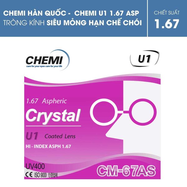 Tròng Chemi 1.67 ASP Crystal U1 Coated